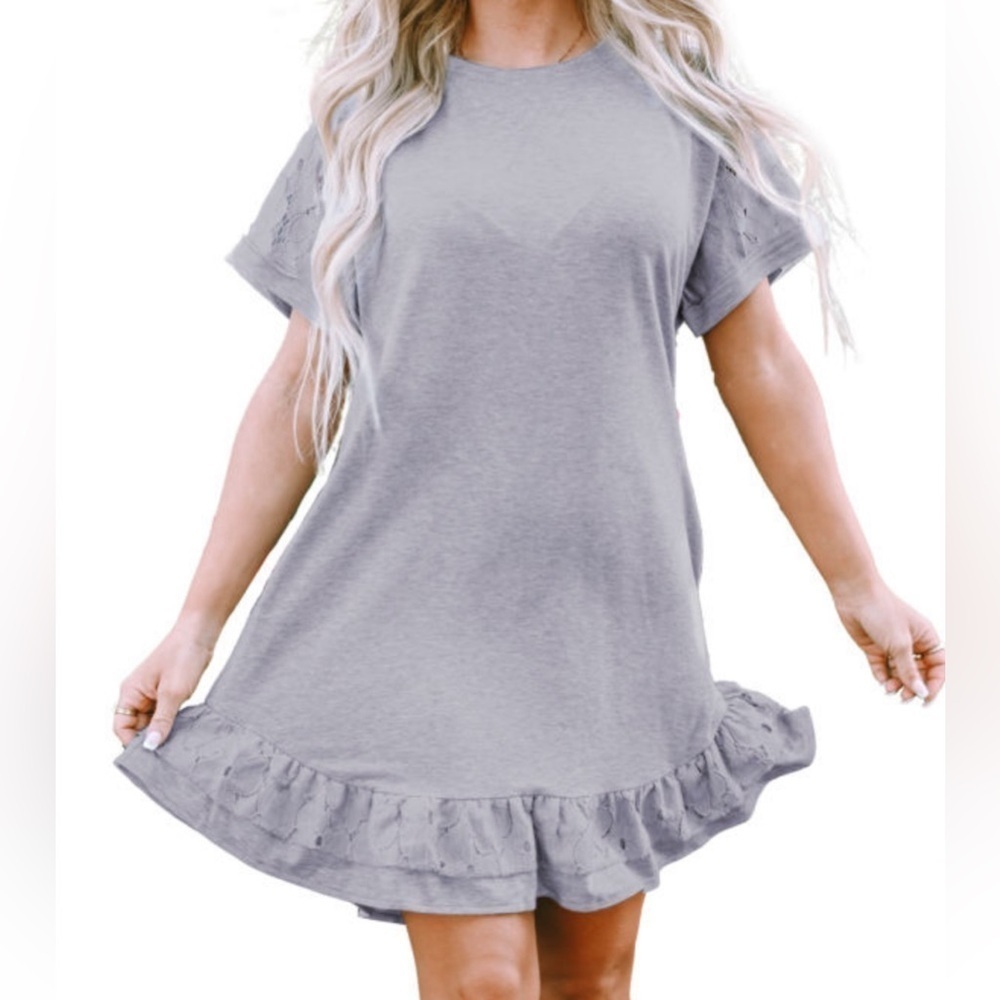 Light Gray Lace Floral Patchwork Ruffled T-Shirt Dress - Picture 3 of 9